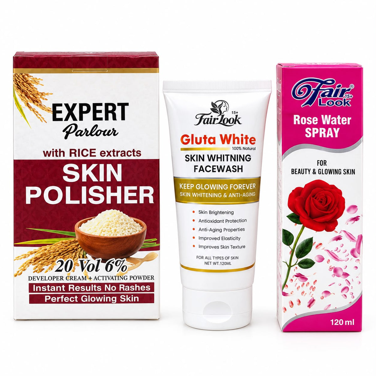 Gluta White Face Wash + Rice Skin Polisher +Free Rose Water