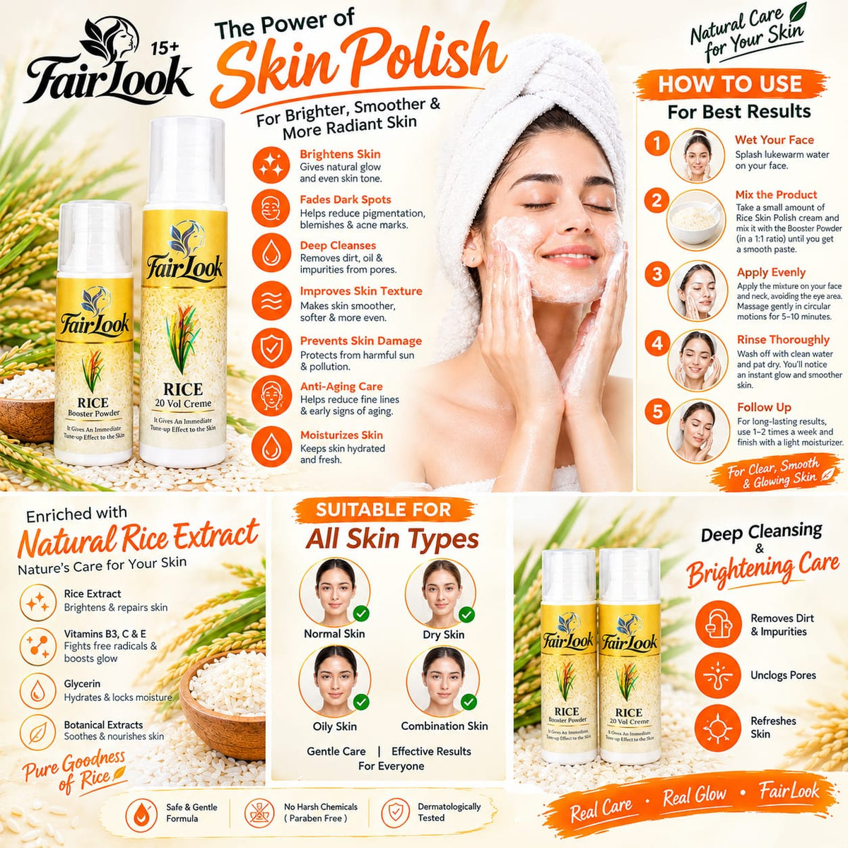 FairLook Rice Skin Polish promotional skincare infographic
