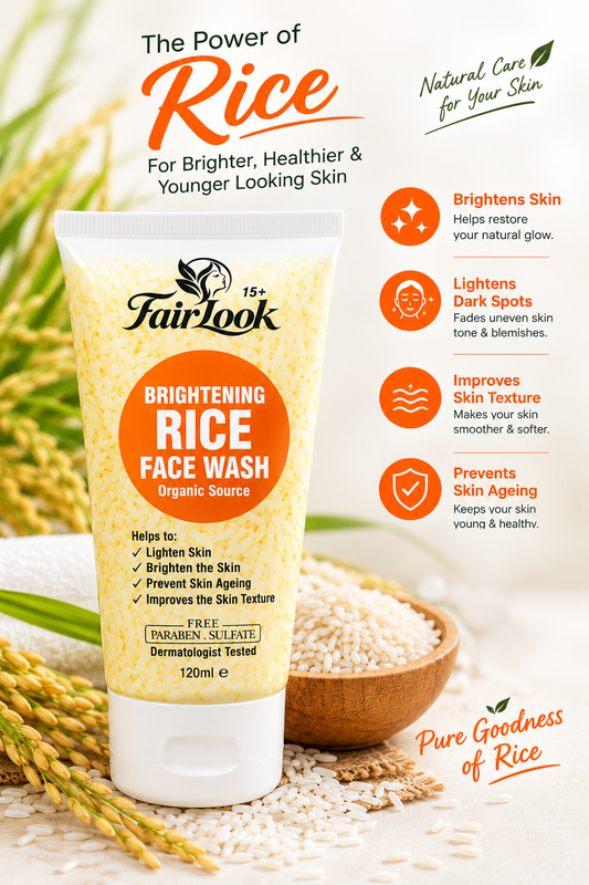 FairLook Rice Face Wash promotional image with rice