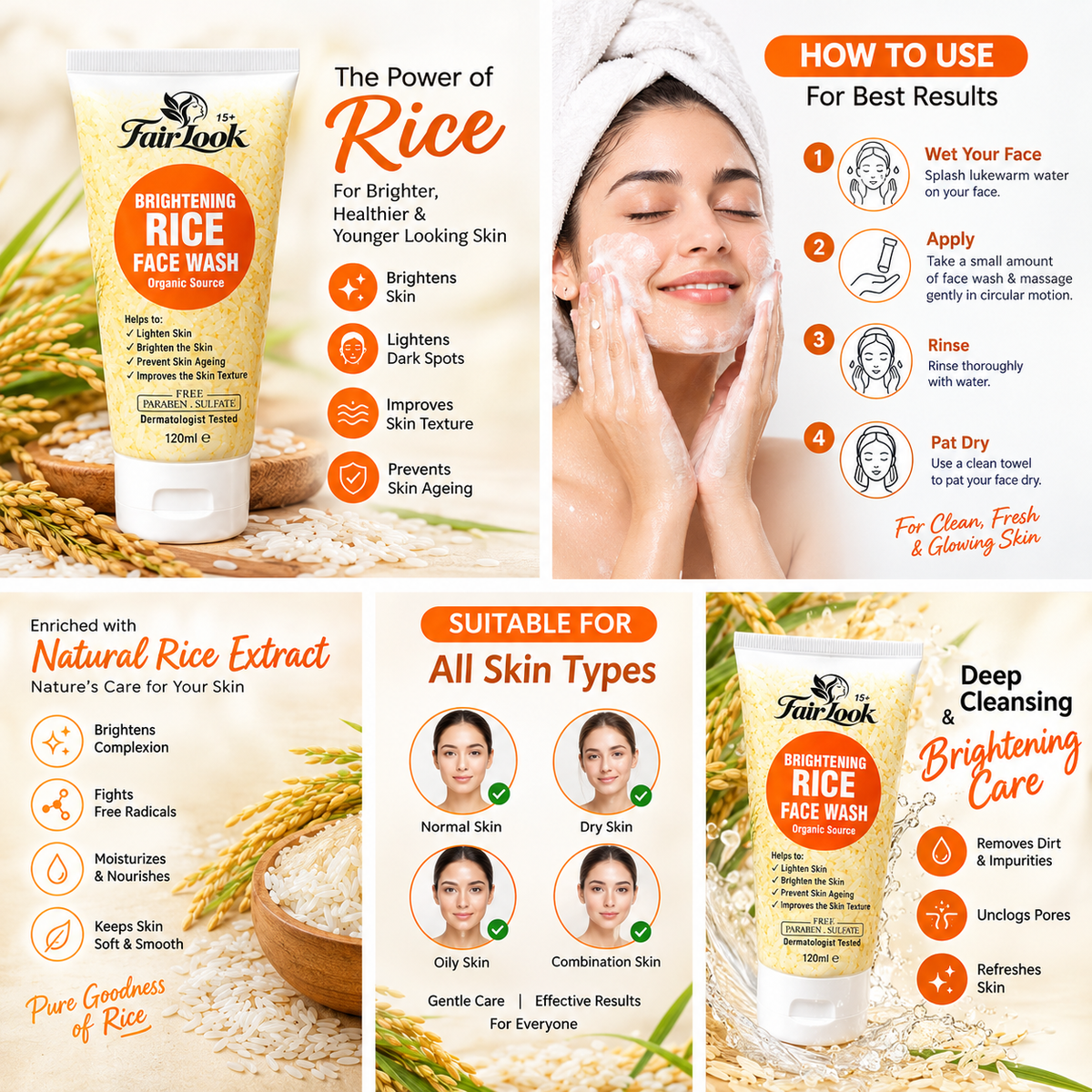 FairLook Rice Face Wash product information collage