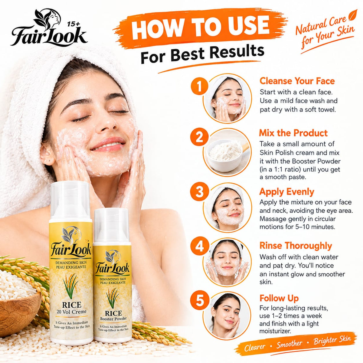FairLook Rice Skin Polish promotional how-to-use guide