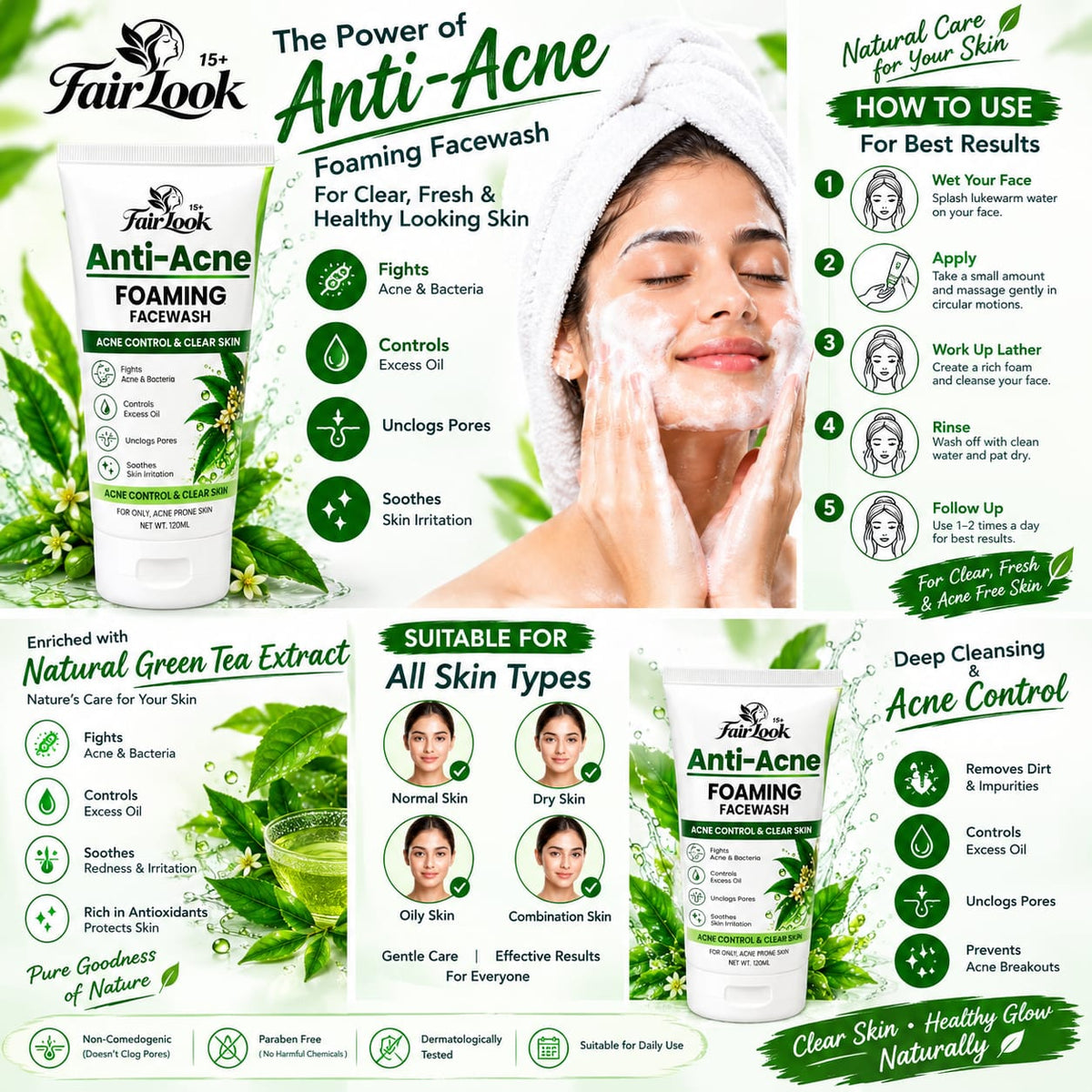 FairLook Anti-Acne Foaming Face Wash promotional image with cleansing and usage information