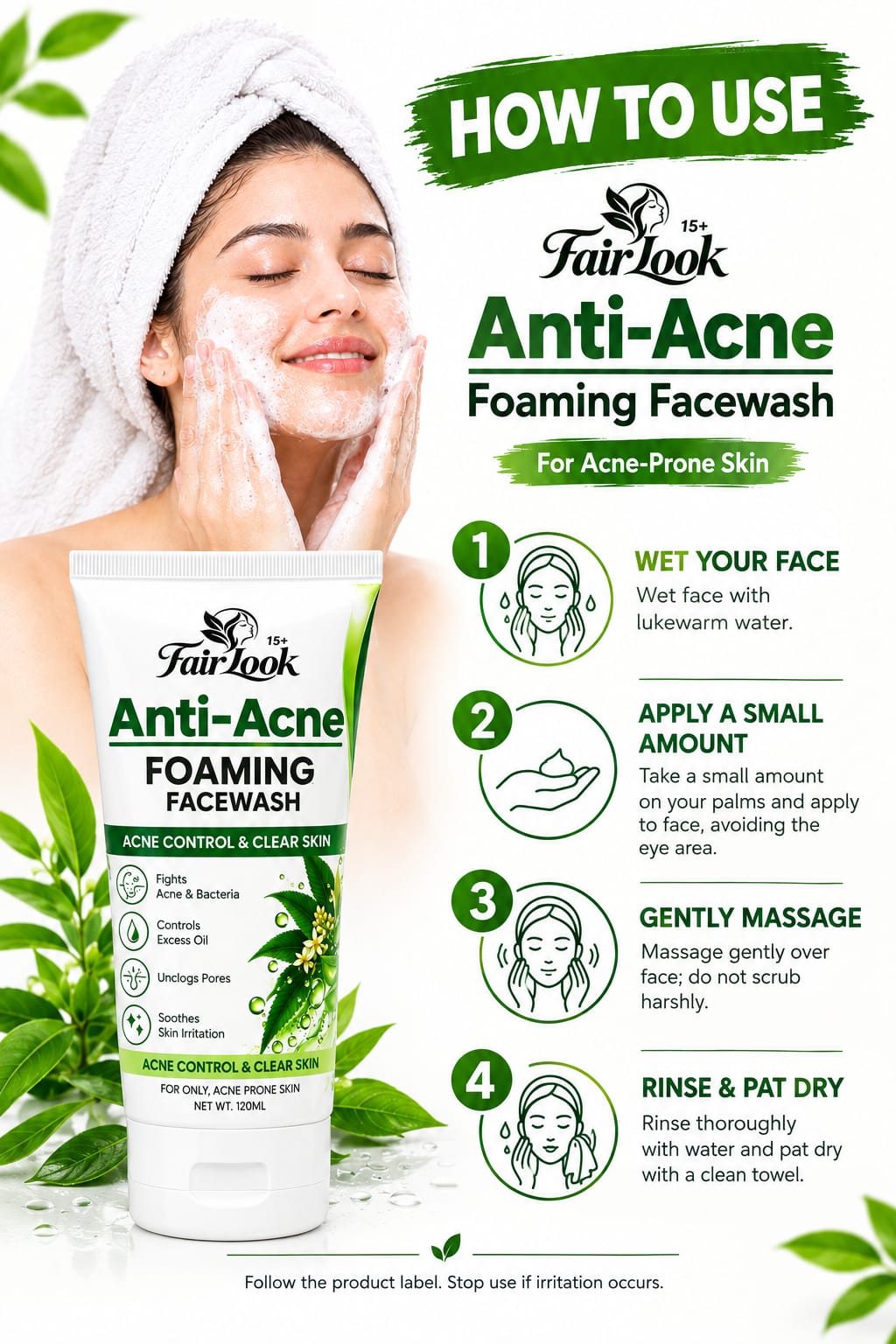 Four-step usage guide for FairLook Anti-Acne Foaming Face Wash
