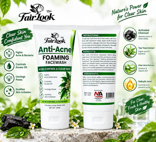 Front and back packaging of FairLook Anti-Acne Foaming Face Wash with ingredient information