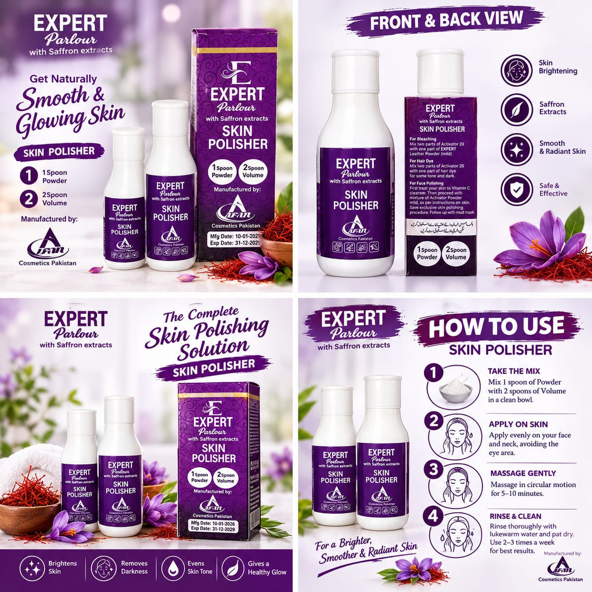 Expert Parlour Skin Polisher with Saffron Extracts showing purple and white bottles, box and promotional instructions