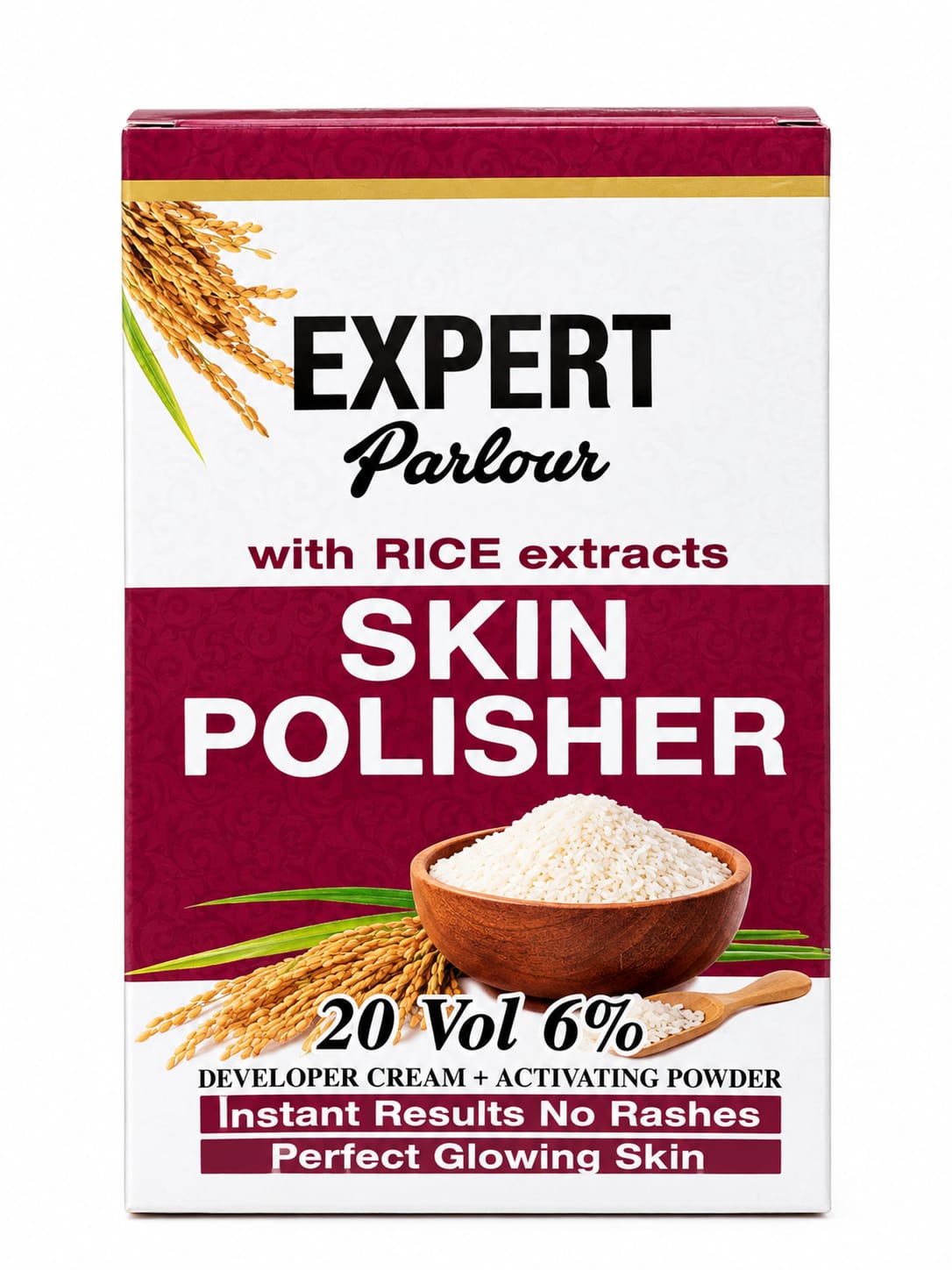 Expert Parlour Skin Polisher with rice extracts, red and white box marked 20 Vol 6%, developer cream and activating powder