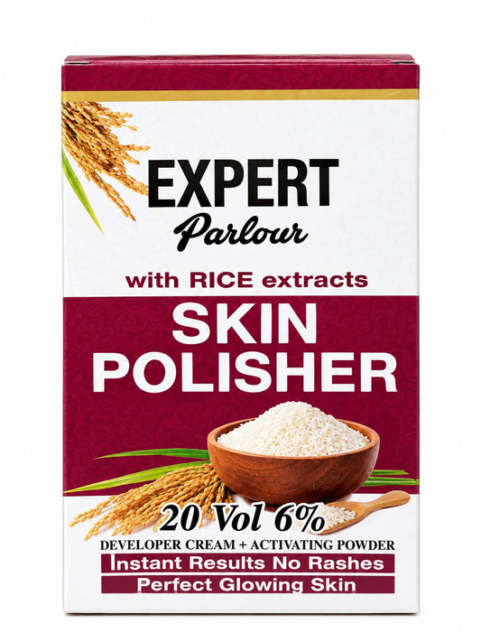 Expert Parlour Skin Polisher with rice extracts, red and white box marked 20 Vol 6%, developer cream and activating powder