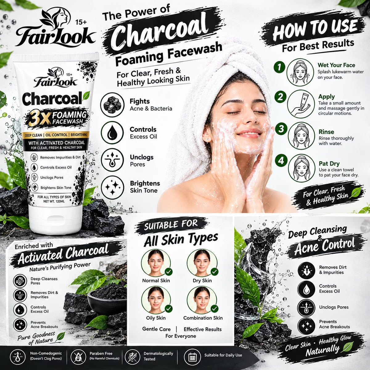 FairLook Charcoal 3X Foaming Face Wash – 120ml