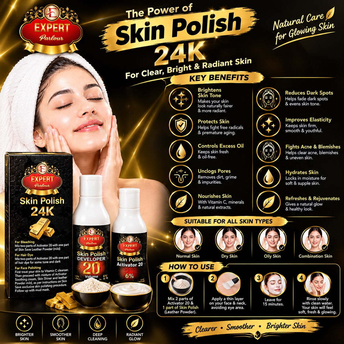Expert Parlour 24K Skin Polish promotional graphic showing packaging, developer and activator bottles