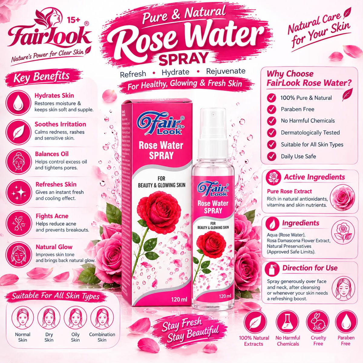 FairLook Rose Water Spray 120ml bottle and box with brand-provided product information