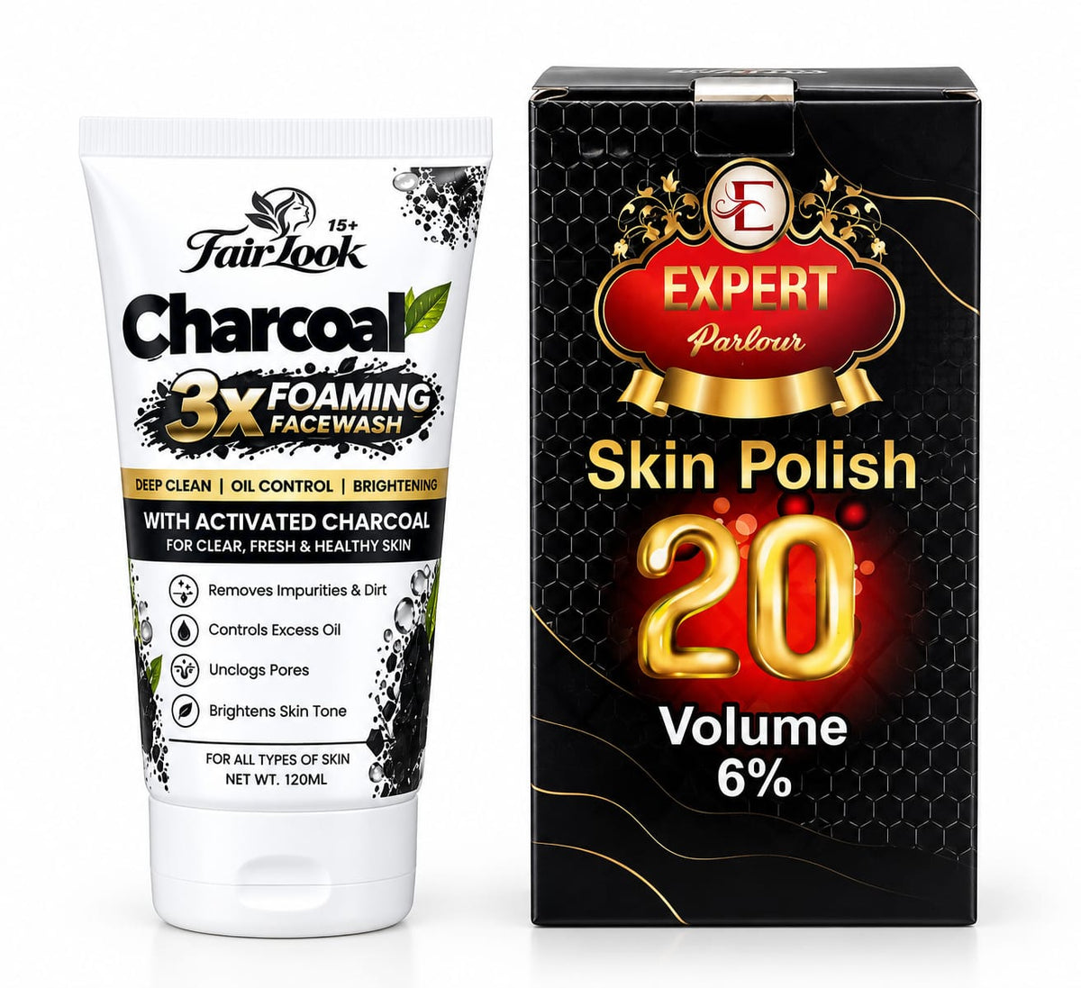 FairLook Charcoal 3x Foaming Face Wash 120ml beside Expert Parlour Skin Polish box marked 20 Volume 6%