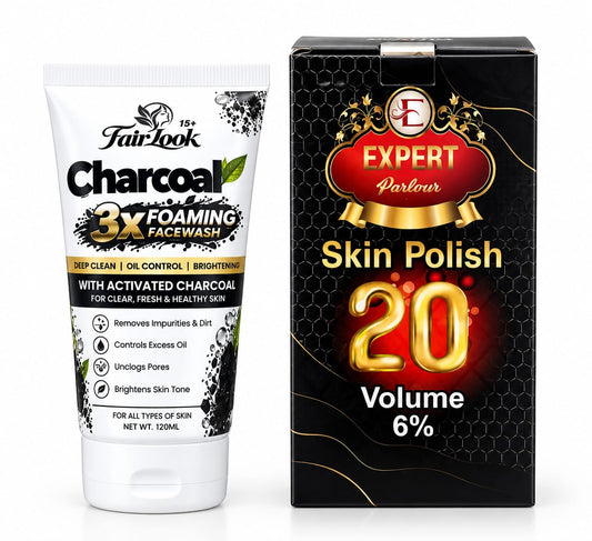 FairLook Charcoal 3x Foaming Face Wash 120ml beside Expert Parlour Skin Polish box marked 20 Volume 6%