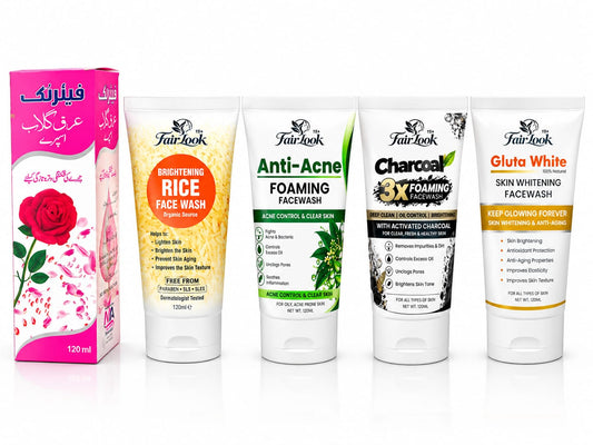 Rose water spray box with FairLook Rice, Anti-Acne, Charcoal and Gluta White face washes, each labelled 120ml