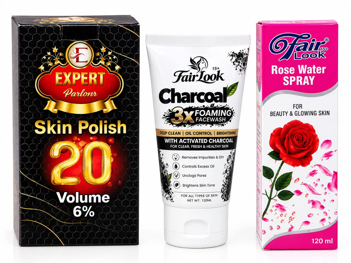 Expert Parlour Skin Polish 20 Volume 6% beside FairLook Charcoal Face Wash 120ml and Rose Water Spray 120ml