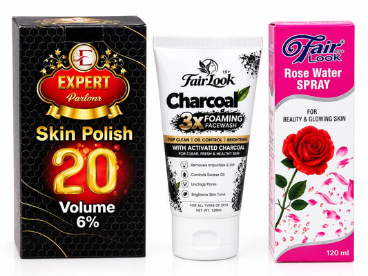 Expert Parlour Skin Polish 20 Volume 6% beside FairLook Charcoal Face Wash 120ml and Rose Water Spray 120ml