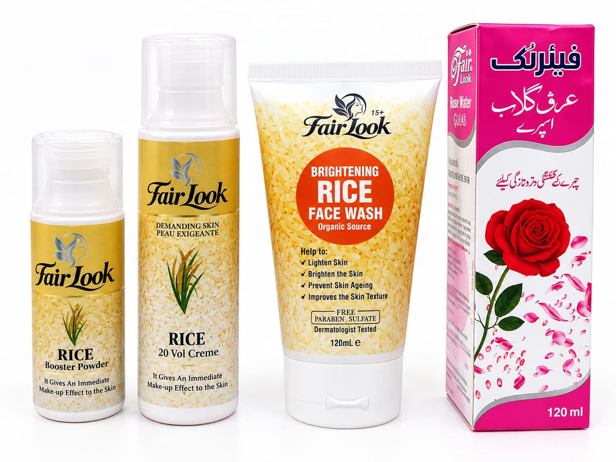 FairLook Rice Booster Powder, Rice 20 Vol Creme, Brightening Rice Face Wash 120ml and Rose Water Spray box 120ml